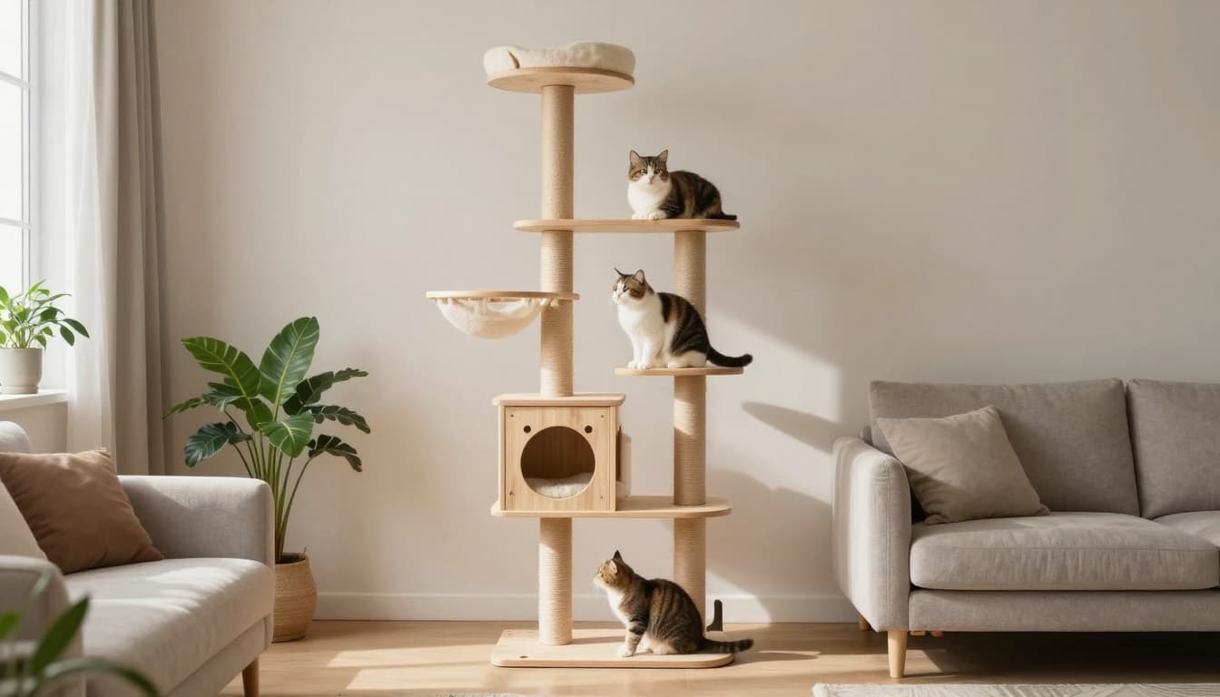 Premium lifestyle photography of a tall, sturdy wooden cat tree from floor to ceiling in a compact Scandinavian living room with minimalist decor and natural light. Three cats of different sizes climb, rest, and play on platforms, hammocks, scratching posts, and niches, emphasizing vertical space usage with sofa and plants in the background.