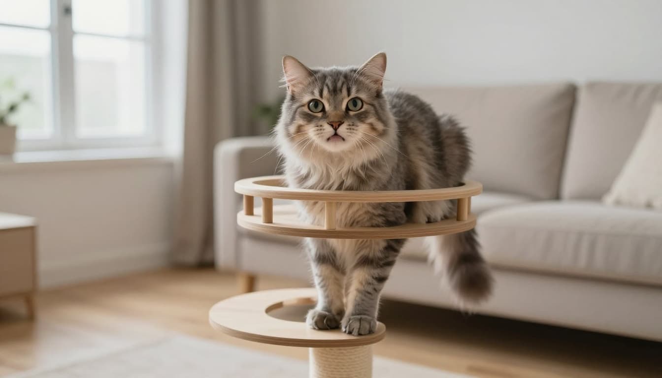 A fluffy domestic cat with wide anxious eyes meows plaintively perched on a premium wooden cat tree in a bright Scandinavian living room, fur puffed and tail twitching from separation anxiety.