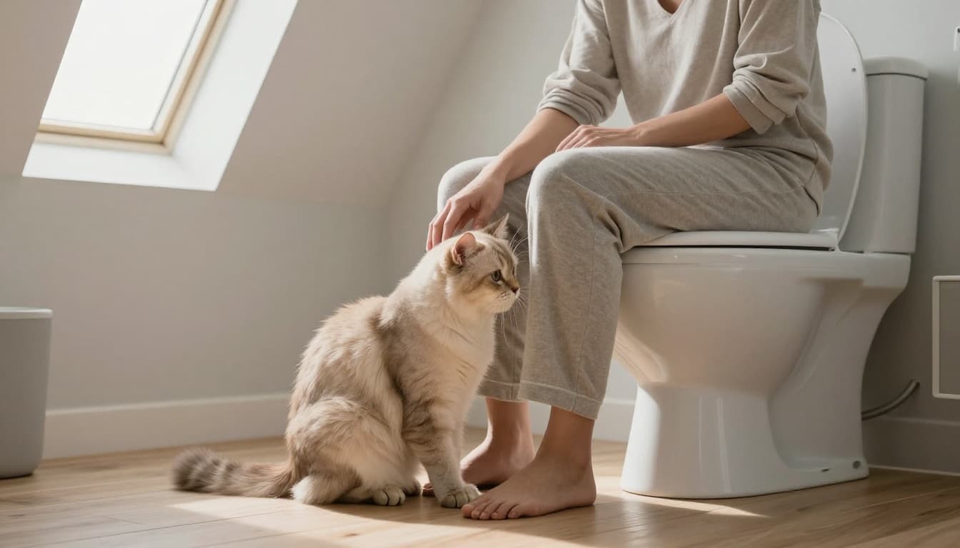 A fluffy beige cat sits closely next to its owner seated on a modern toilet in a bright Scandinavian bathroom, with the owner gently petting the affectionate cat amid natural light and minimalist decor.