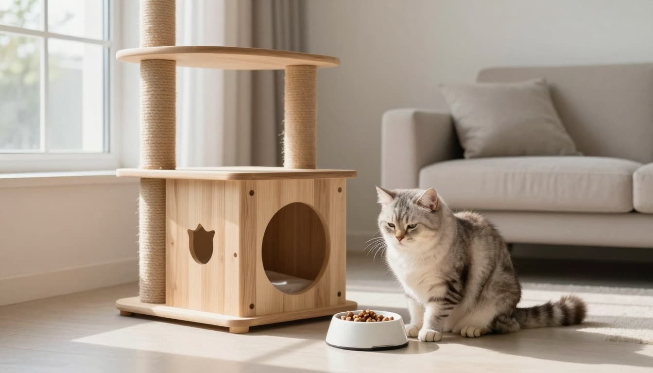 A fluffy cat sits uninterested near its uneaten food bowl on the floor beside a premium multi-level wooden cat tree in a modern minimalist Scandinavian living room with neutral tones and cozy vibe.