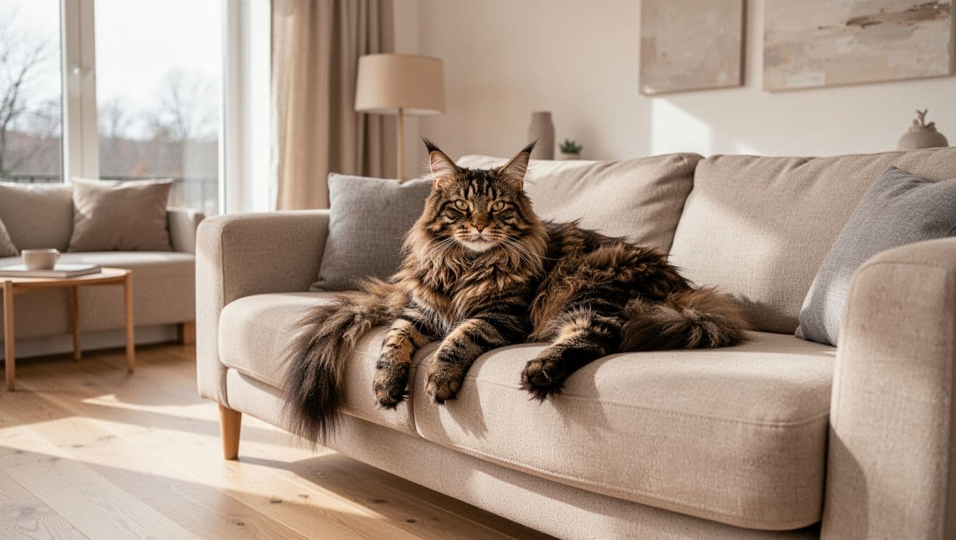A fluffy adult Maine Coon cat with long brown tabby fur relaxes calmly on a soft beige sofa in a bright Scandinavian minimalist living room with natural light.