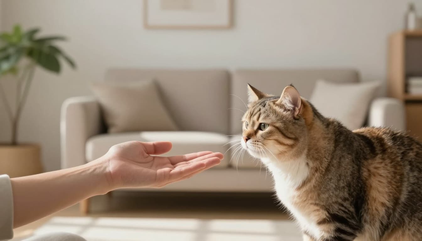 A person calmly holds their hand still as a fluffy cat approaches curiously without biting, in a bright minimalist Scandinavian living room with natural sunlight and cozy atmosphere.