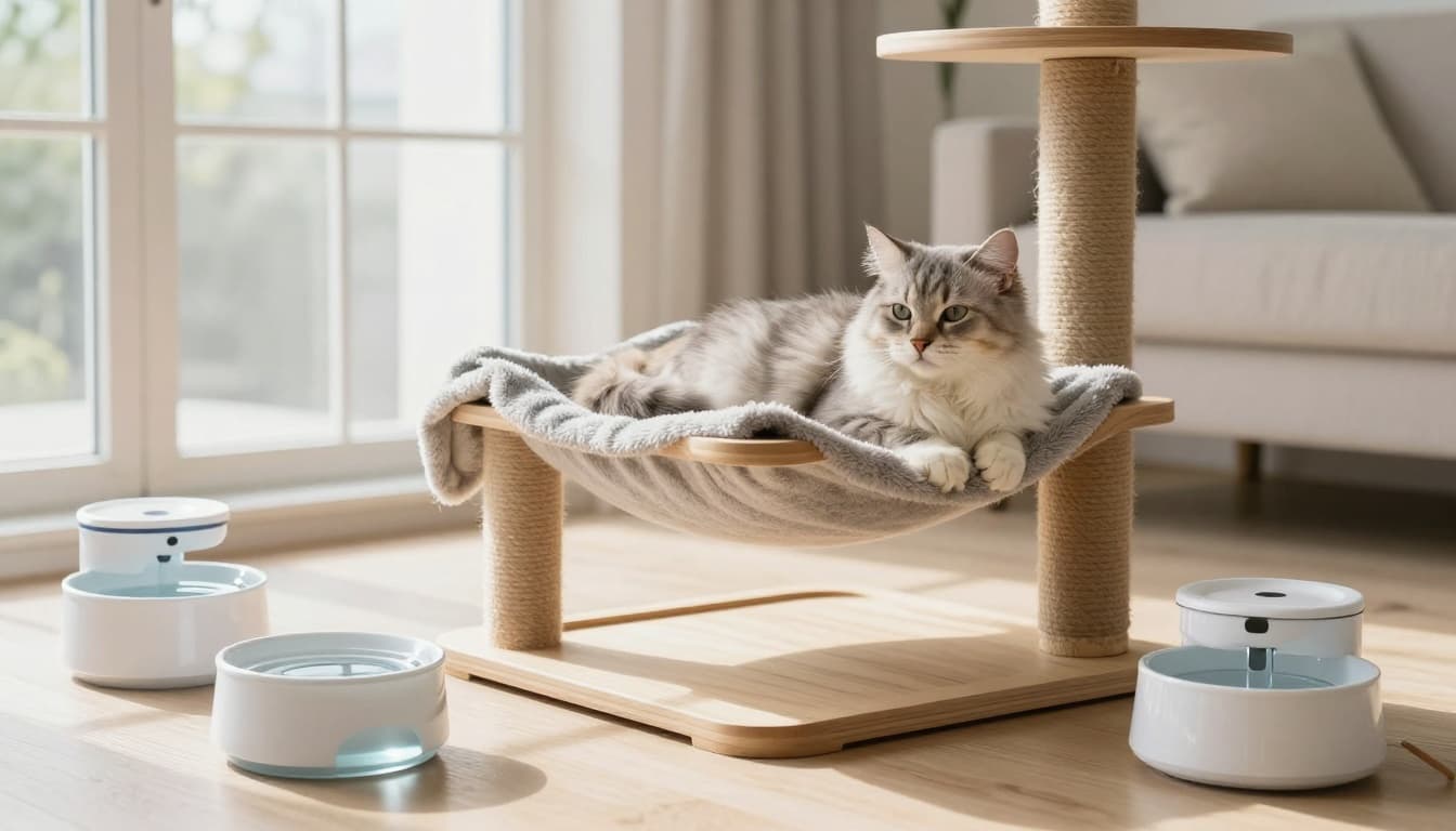 A fluffy domestic cat rests peacefully on a premium wooden multi-level cat tree hammock in a bright Scandinavian minimalist living room with natural daylight and nearby water bowls.