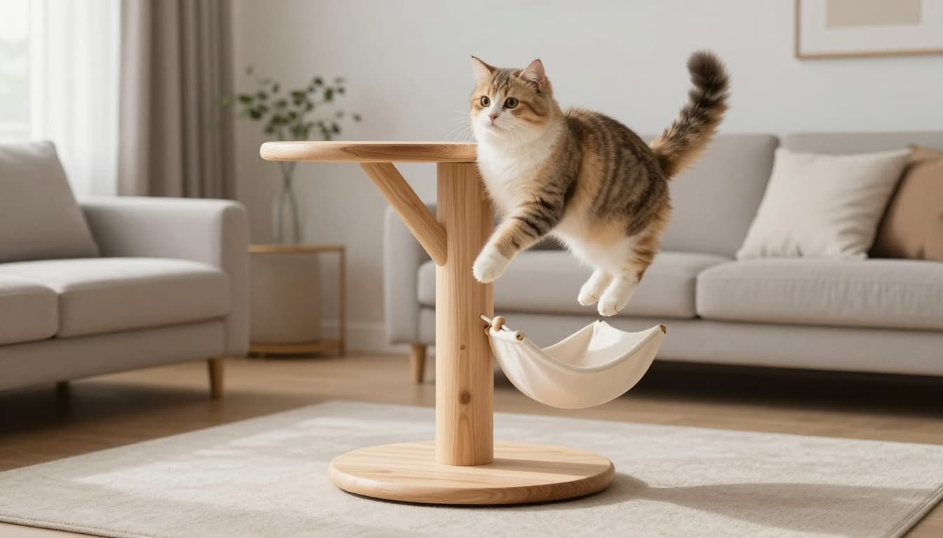 A fluffy cat energetically climbs and jumps on a stable solid wood cat tree in Scandinavian design within a modern minimalist living room featuring natural light and neutral tones.