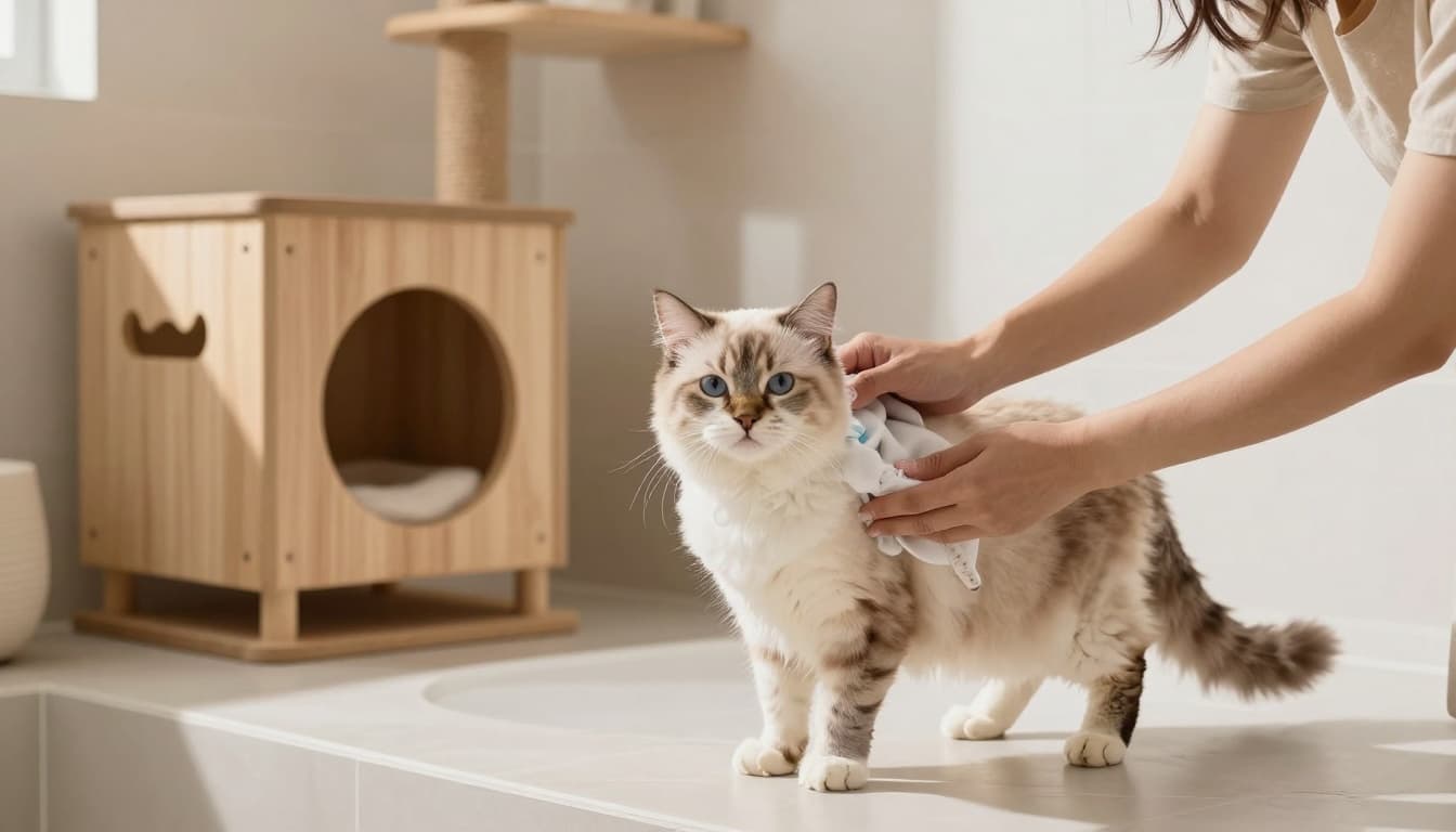 A caring owner gently applies gentle cat shampoo to a fluffy cat with sensitive skin in a bright, modern Scandinavian bathroom filled with natural light and minimalist decor.