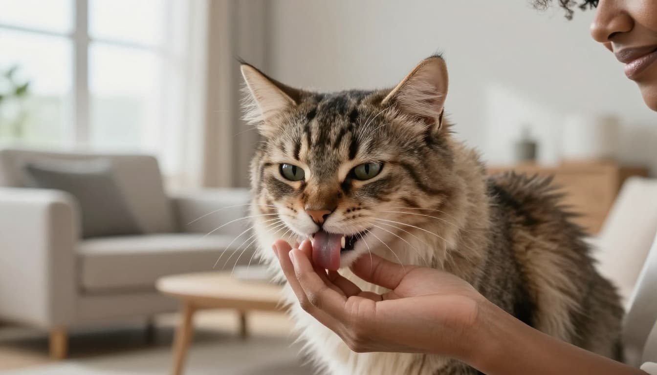 A fluffy domestic cat gently nibbles a person's relaxed hand with light touches and licks, set in a bright modern Scandinavian living room with minimalist beige and wood decor.