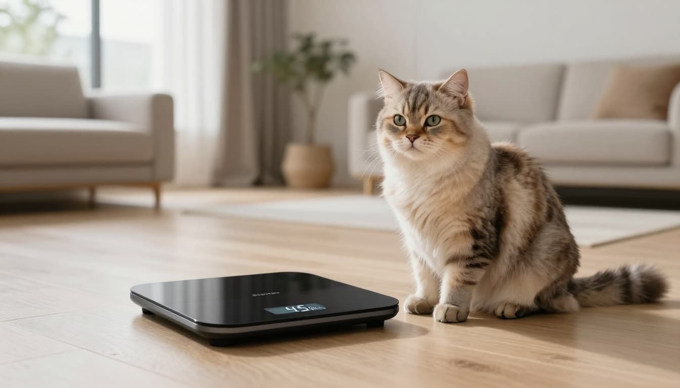 A sleek digital kitchen scale displaying 4.5 kg sits beside a fluffy sterilized adult cat on a light wooden floor in a modern Scandinavian living room with natural light and minimalist beige-grey furniture.