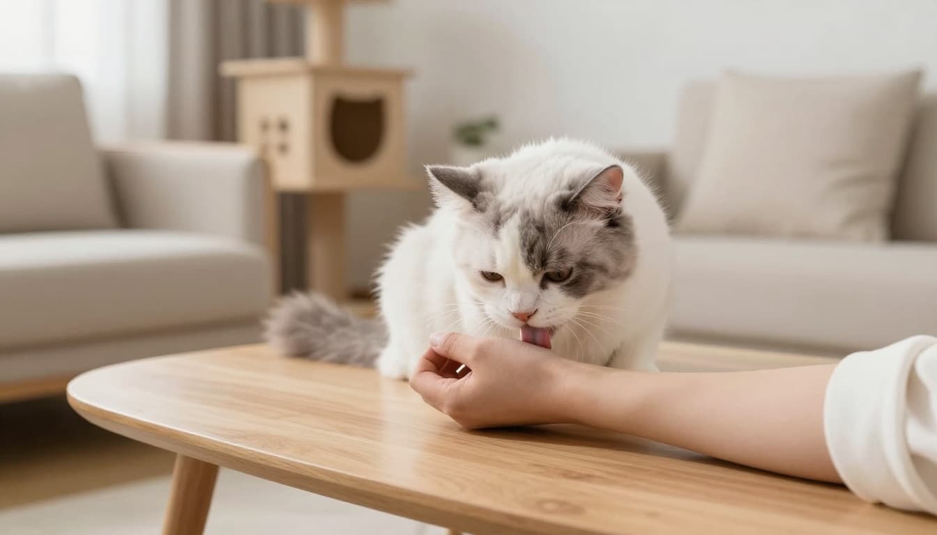 Close-up of a fluffy white and gray cat licking a person's forearm on a light wood coffee table in a minimalist Scandinavian living room with natural light and cozy tones.