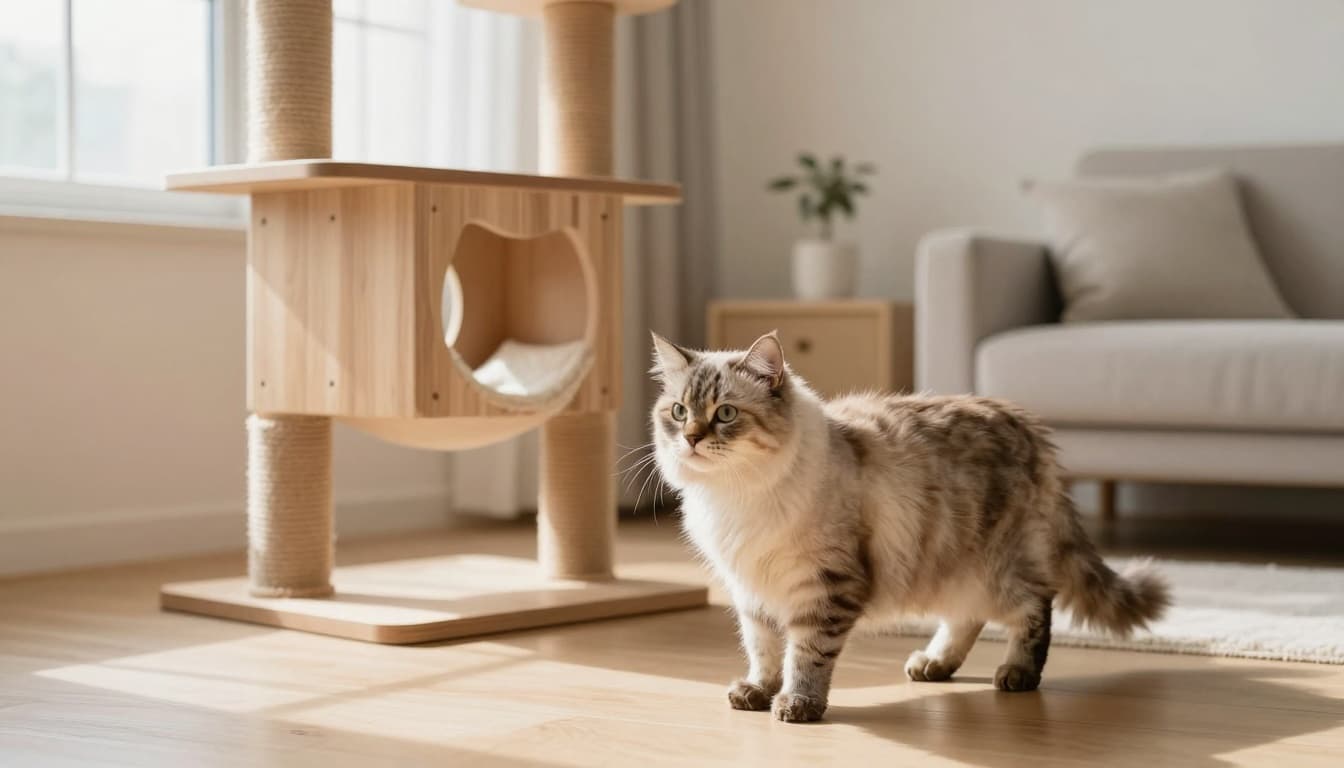 A fluffy domestic cat with slightly dirty fur and muddy paws enters a modern Scandinavian living room, standing near a premium wooden cat tree that blends into the minimalist decor. Bright natural light illuminates the cozy space with neutral tones and elegant furniture.