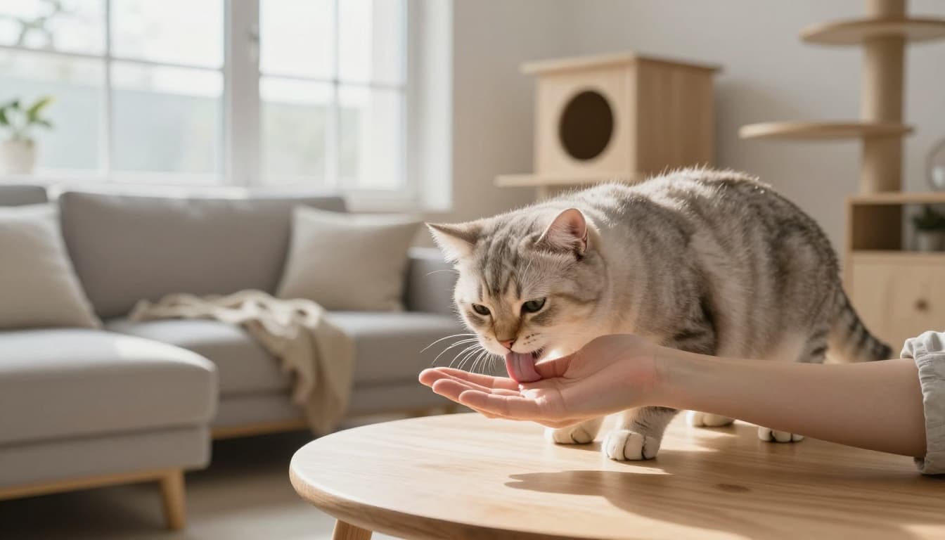 In a bright Scandinavian interior with minimalist decor, a fluffy domestic cat gently nibbles then licks a relaxed human hand on a cozy light wood side table, with a stylish cat tree in the background.
