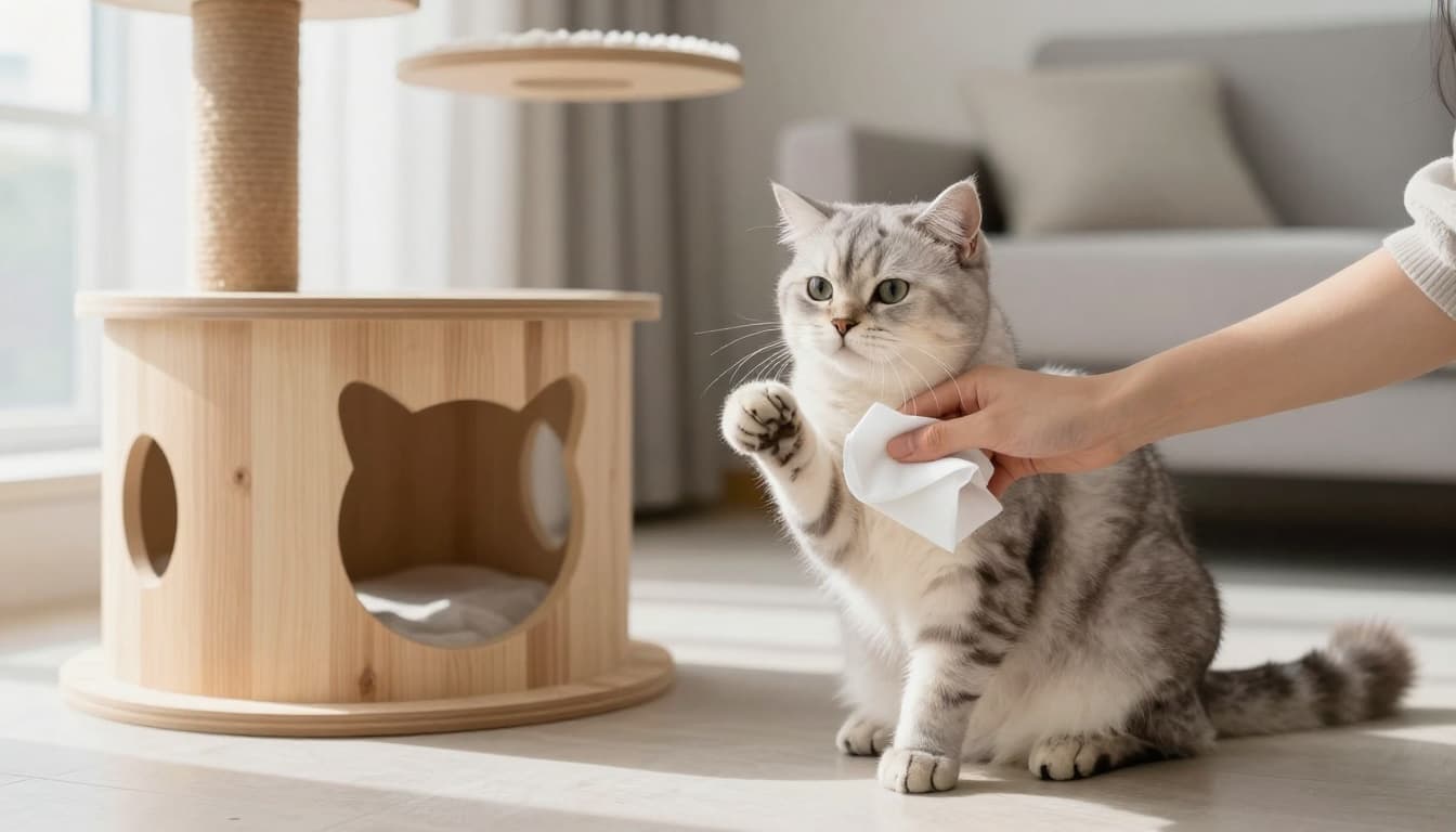 An owner wipes a fluffy cat's paws and fur with a soft cleaning wipe near a premium wooden cat tree in a bright Scandinavian living room.