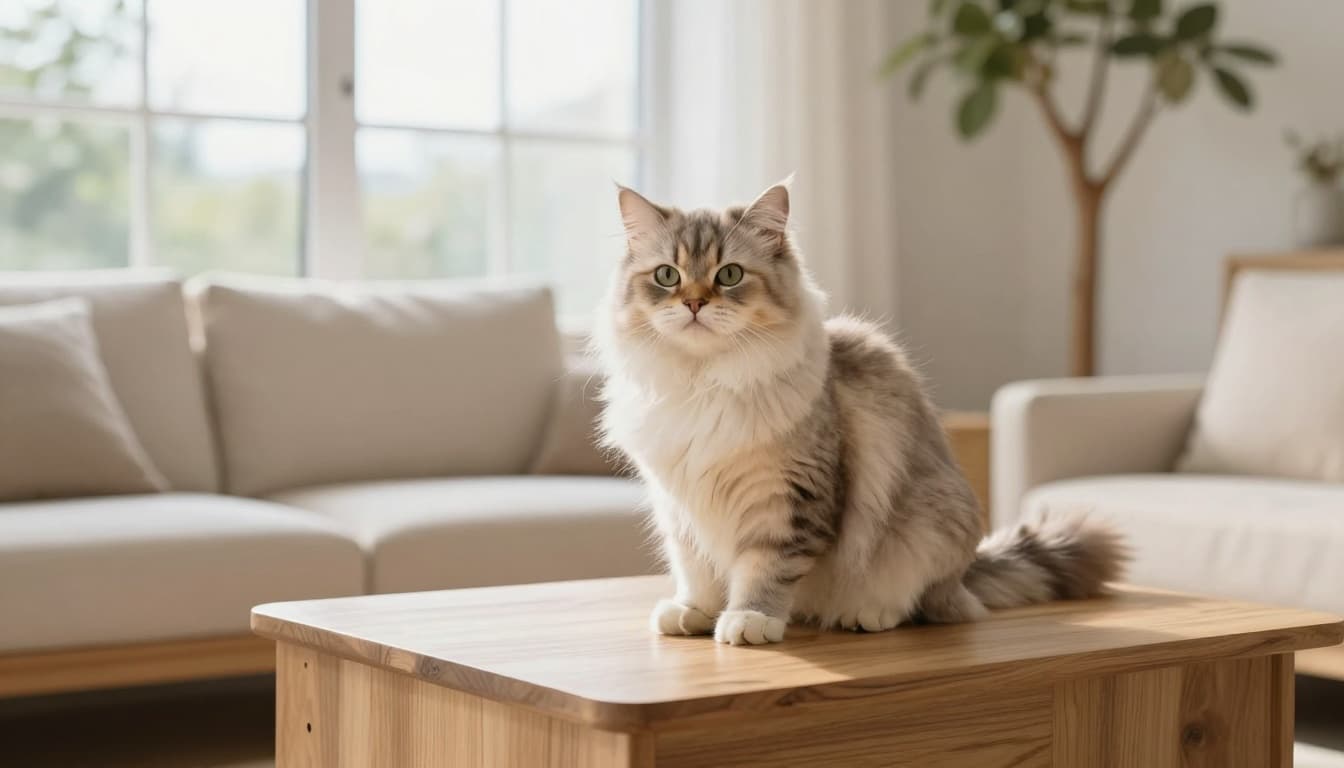 A fluffy cat with perked ears reacts alertly to the sound of jangling keys, held by an invisible hand in a bright, modern Scandinavian living room with light wood furniture, beige cushions, and an elegant Meowood cat tree in the background.