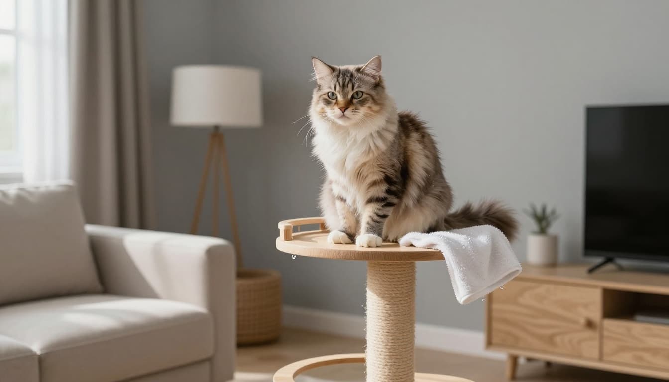 In a modern Scandinavian living room with neutral tones and soft natural light, a fluffy cat sits calmly on a premium wooden cat tree after a bath, with a towel nearby and water droplets on its fur, highlighting careful pet care in a cozy minimalist setting.