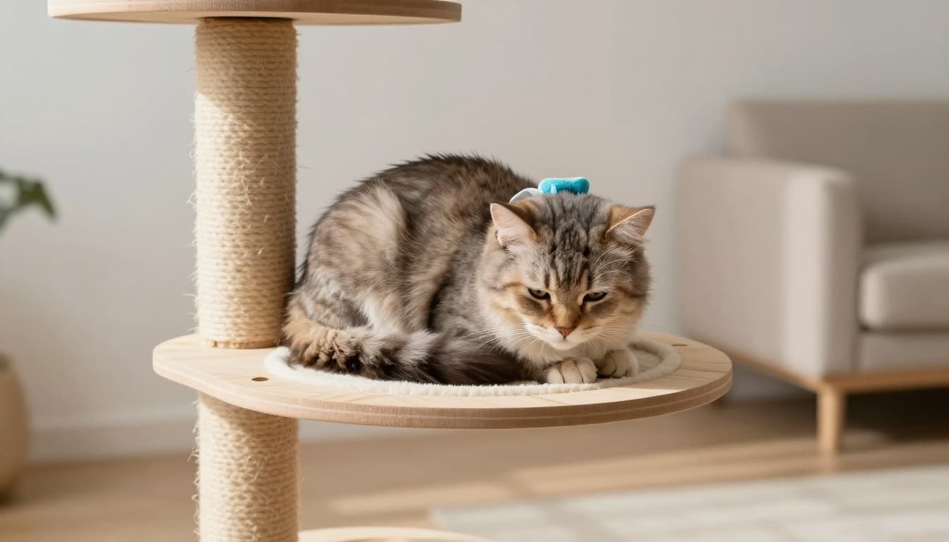 A fluffy cat curls up safely on a durable premium wooden cat tree platform in a minimalist Scandinavian living room bathed in soft natural light, with a cozy blanket nearby and neutral tones creating a warm, calm atmosphere despite mild lethargy.