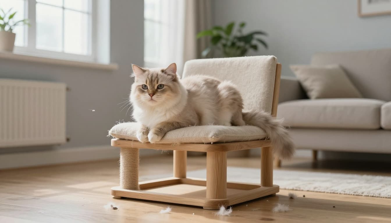A fluffy domestic cat with light fur sheds tufts of undercoat onto a light wooden floor in a cozy modern Scandinavian living room, sitting relaxed on a minimalist cat tree.