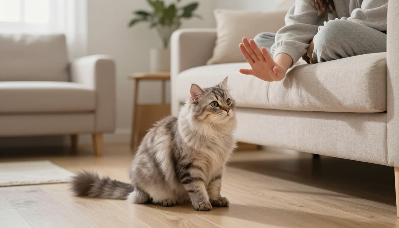 In a modern Scandinavian living room with bright natural light, a fluffy cat on light wood floor tilts its head alertly following a person's gently waving hand from a beige sofa. Cozy neutral tones, realistic premium lifestyle photography with soft depth of field.