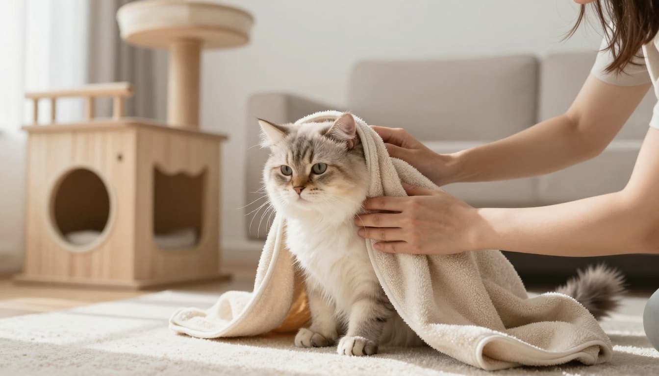 A fluffy cat wrapped in a soft warm towel after a bath, being gently dried by its owner in a cozy bright Scandinavian living room with natural light and minimalist decor.