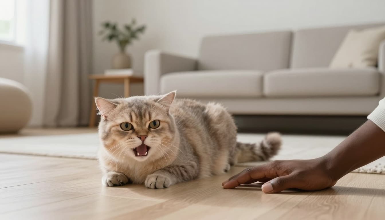 Premium lifestyle photo of a fluffy cat showing red alert signals—flattened ears, dilated pupils, frozen body, growling—with teeth bared near a human hand on the floor in a bright, minimalist modern living room.