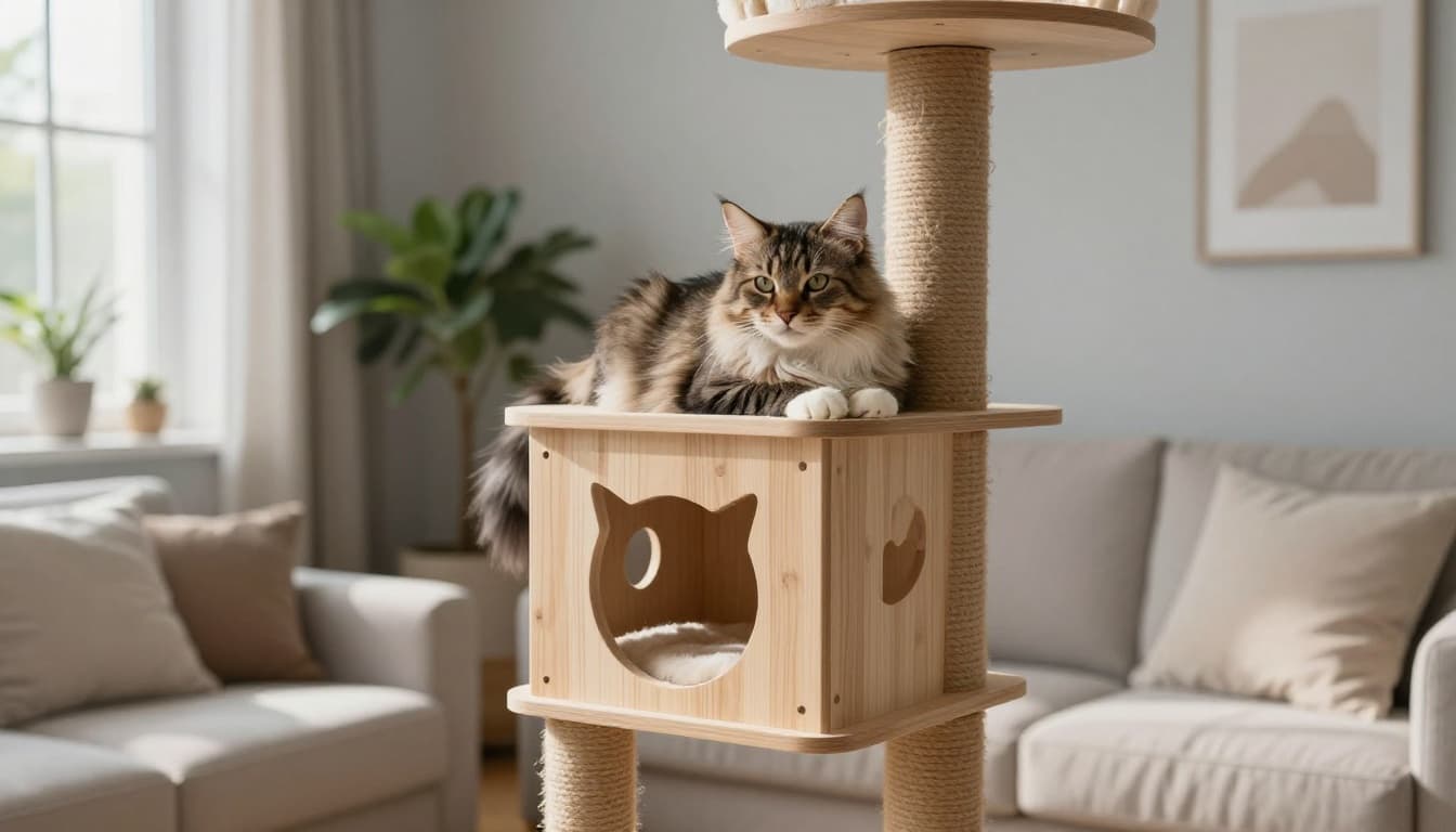 A fluffy indoor cat relaxes contentedly on a sturdy light wooden cat tree in a bright Scandinavian living room bathed in natural sunlight with minimalist decor.