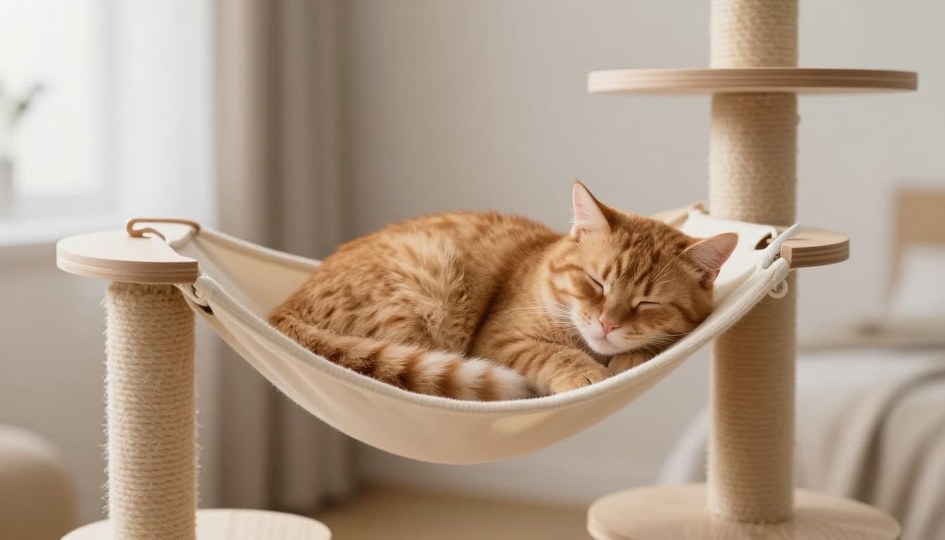 A fluffy ginger cat sleeps deeply, curled in a tight ball on a soft hammock of a stylish light wooden cat tree, in a cozy Scandinavian bedroom with soft natural light and minimalist decor.