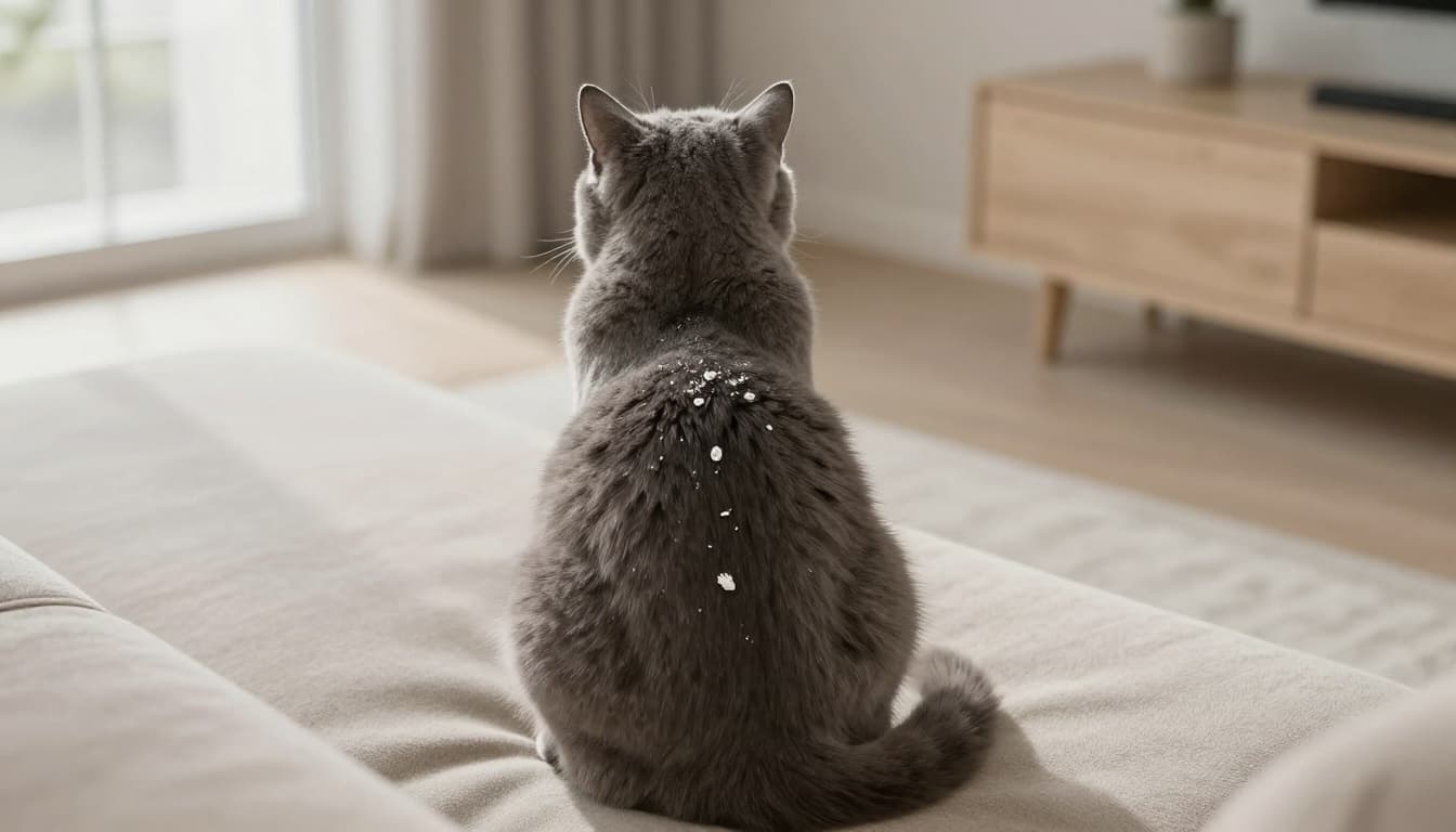 A fluffy gray cat sits calmly on a light beige sofa in a modern Scandinavian living room bathed in natural light, with small white dry dandruff flakes visible on its fur near the tail and spine.