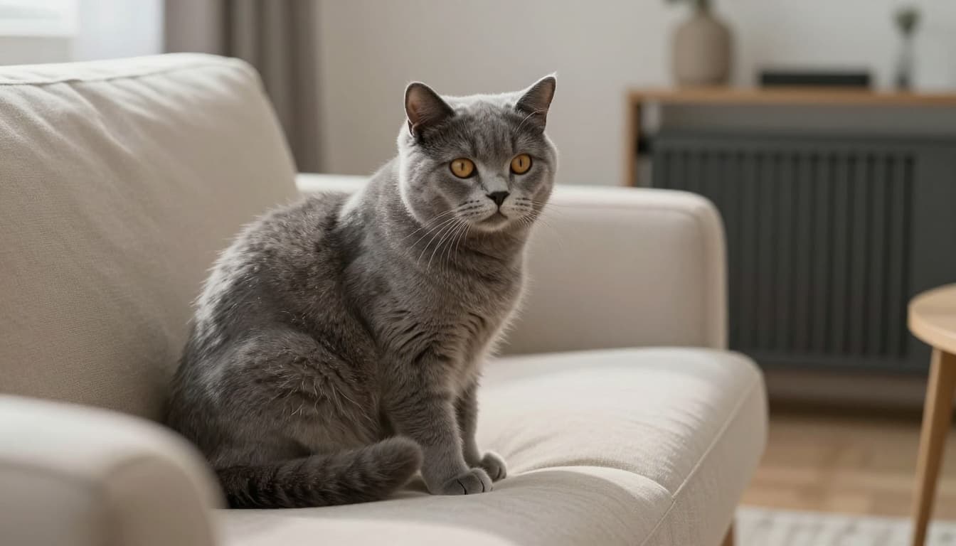 A fluffy gray cat sits calmly on a light beige sofa in a modern Scandinavian living room bathed in soft natural light, with fine white dry flakes visible on its back and tail. Cozy minimalist decor in neutral tones creates a warm, elegant atmosphere.