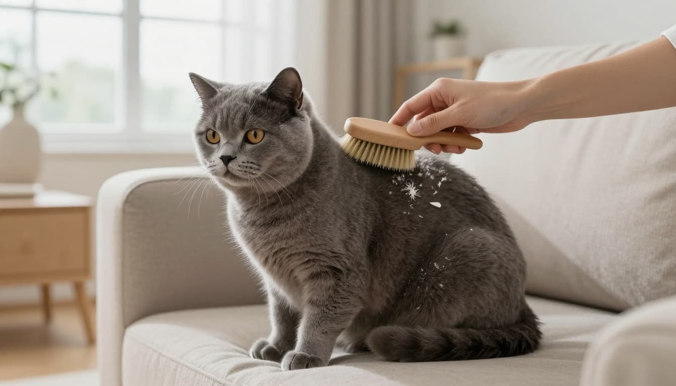 A relaxed fluffy gray cat sits on a light beige sofa in a bright modern Scandinavian living room, gently groomed with a soft brush removing dandruff and loose fur.