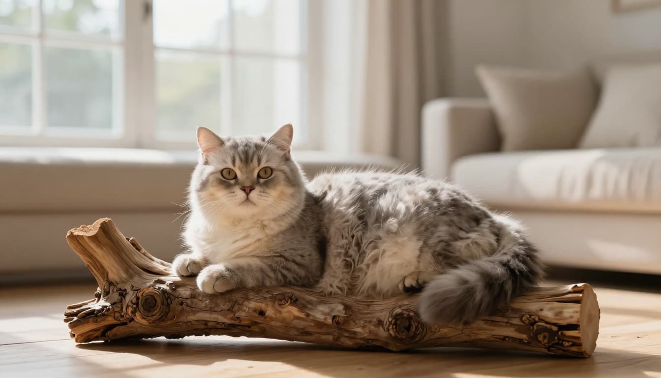 A fluffy light gray cat rests peacefully on an elegant wooden cat tree in a bright Scandinavian living room, bathed in natural sunlight with minimalist beige decor and light wood floors creating a cozy atmosphere.