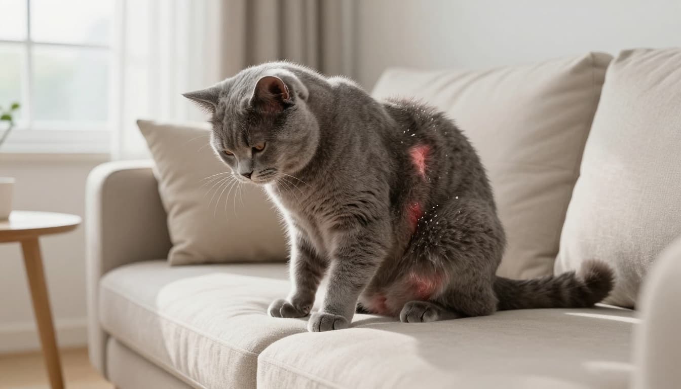 A fluffy gray cat intensely scratches its back, showing white dandruff flakes, bald patches, and red irritated skin on its spine and tail base, in a bright modern Scandinavian living room with minimalist decor.