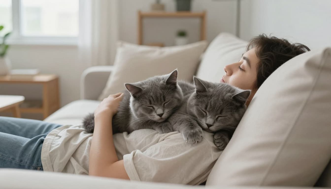 A fluffy gray cat sleeps peacefully on a person's chest as they recline on a light beige sofa in a bright Scandinavian living room with minimalist decor.