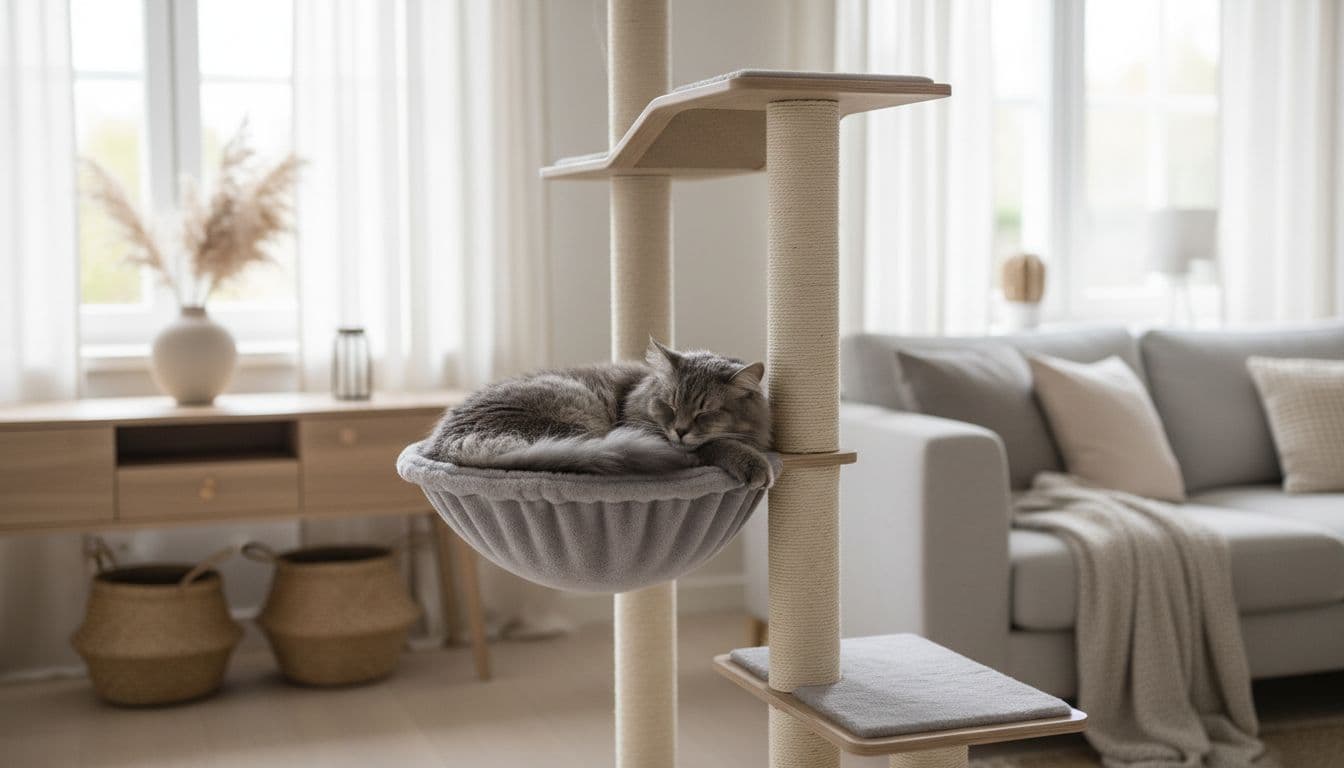 A fluffy gray cat sleeps deeply, curled in a ball on the hammock of a premium cat tree, in a cozy modern Scandinavian living room with neutral tones and soft natural light.