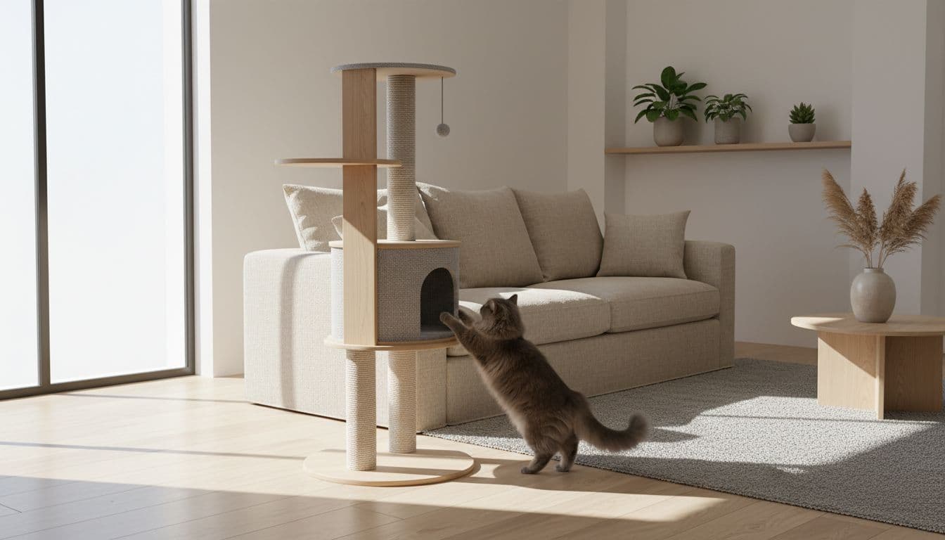 In a bright Scandinavian living room with minimalist decor, a fluffy grey cat climbs from a beige sofa onto the lower platform of a premium cat tree, capturing a cozy transition moment with natural light and soft shadows.