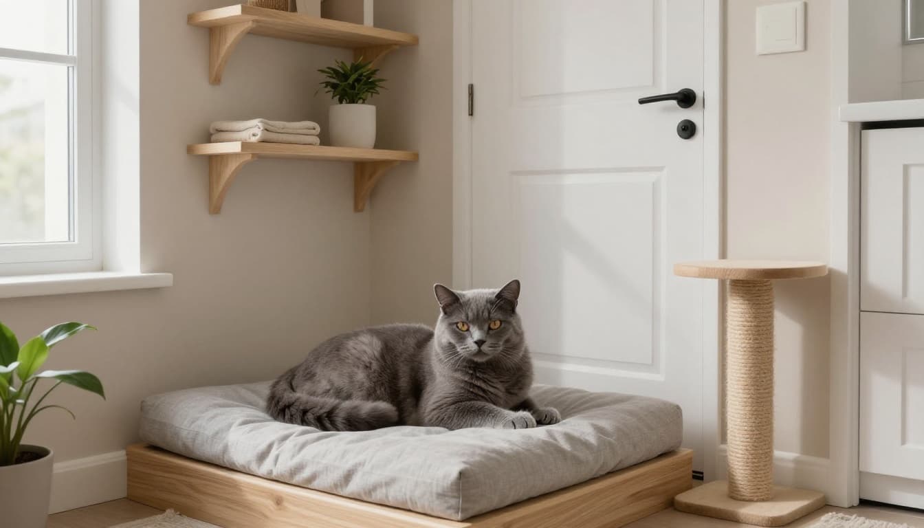 A relaxed fluffy grey cat lounges comfortably on a soft cushioned bed in a cozy corner of a modern Scandinavian hallway outside a white bathroom door, surrounded by light wood shelves, a scratching post, potted plant, and neutral beige walls with soft natural light.