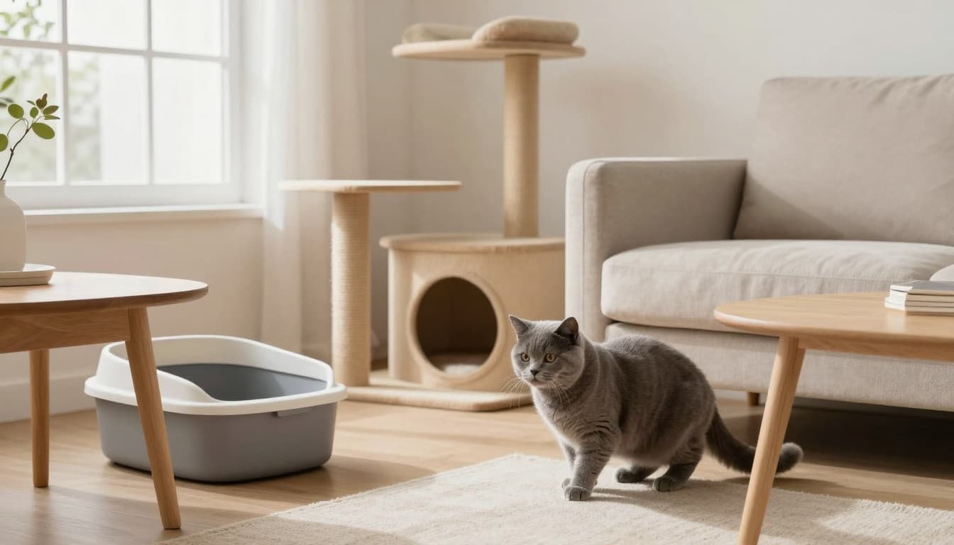 A fluffy grey cat cautiously explores a new living room after a move, peeking from behind a light wood side table towards a clean litter box, scratching post, and cozy hiding spot under a beige sofa. In the background, an elegant tall Meowood cat tree stands as a stable refuge.