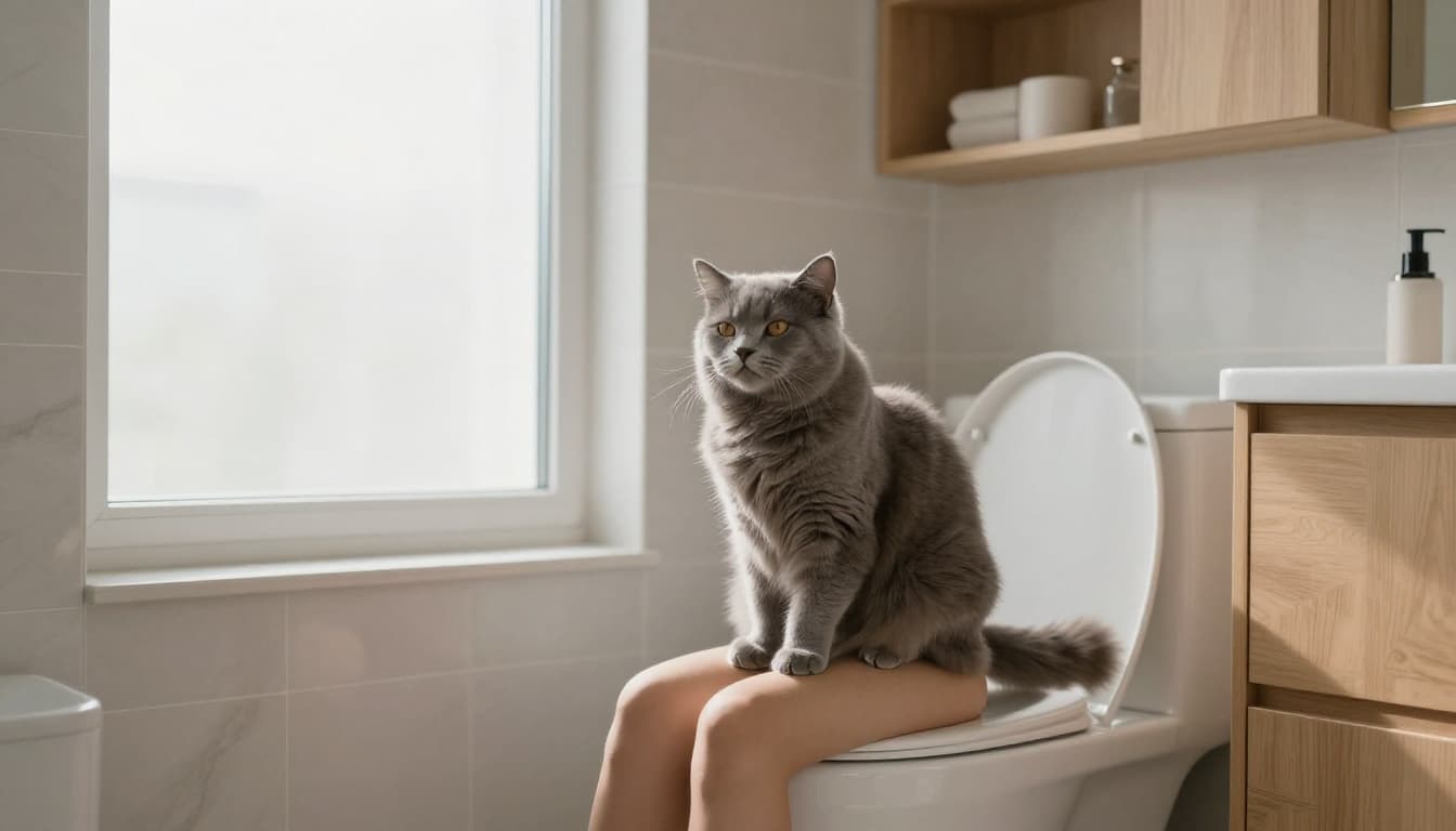 A soft grey fluffy cat sits relaxed on a person's lap on a modern toilet in a bright minimalist Scandinavian-style bathroom with natural light and neutral decor.