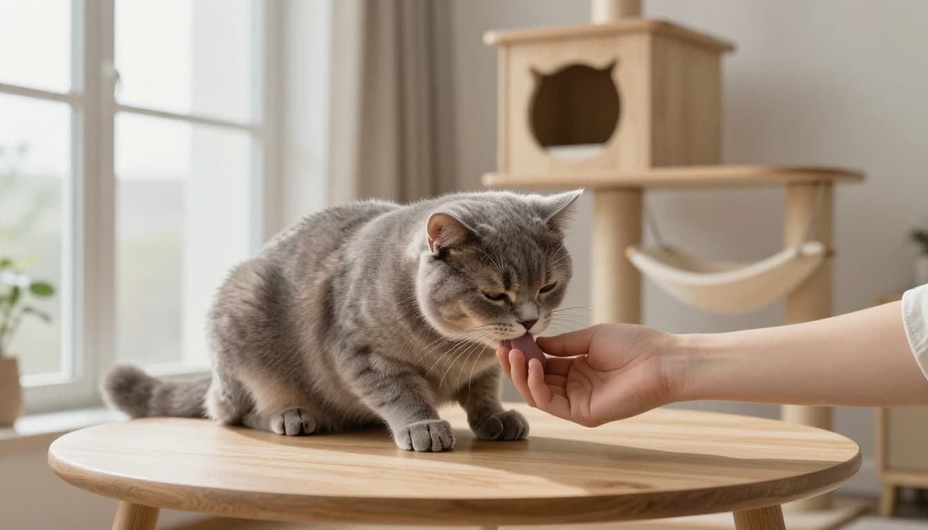 In a bright minimalist Scandinavian interior, a fluffy grey domestic shorthair cat affectionately nibbles and licks a relaxed human hand on a light wood table, with a stylish cat tree in the cozy background.