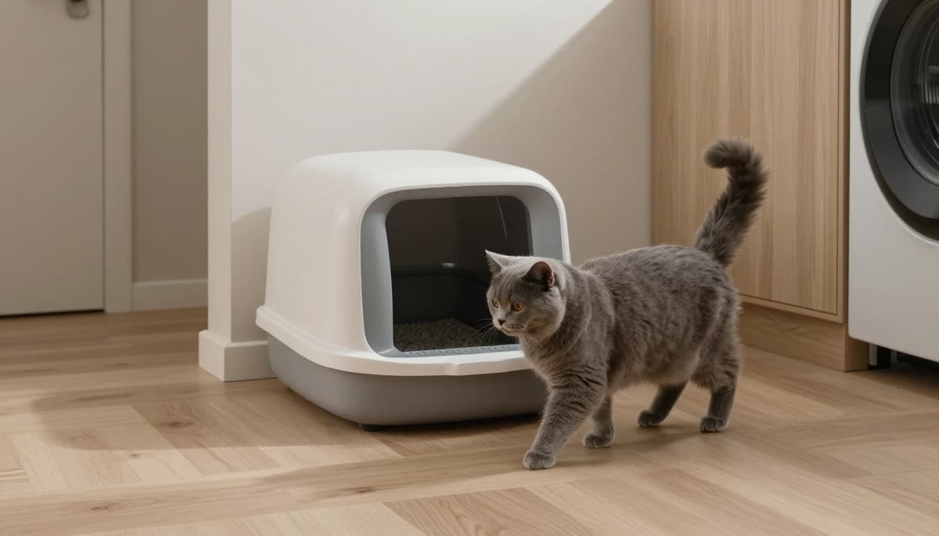 Premium lifestyle photo of a fluffy grey cat calmly walking towards a large open-sided litter box in a bright, minimalist Scandinavian utility room with neutral colors, light wood floors, and cozy atmosphere.