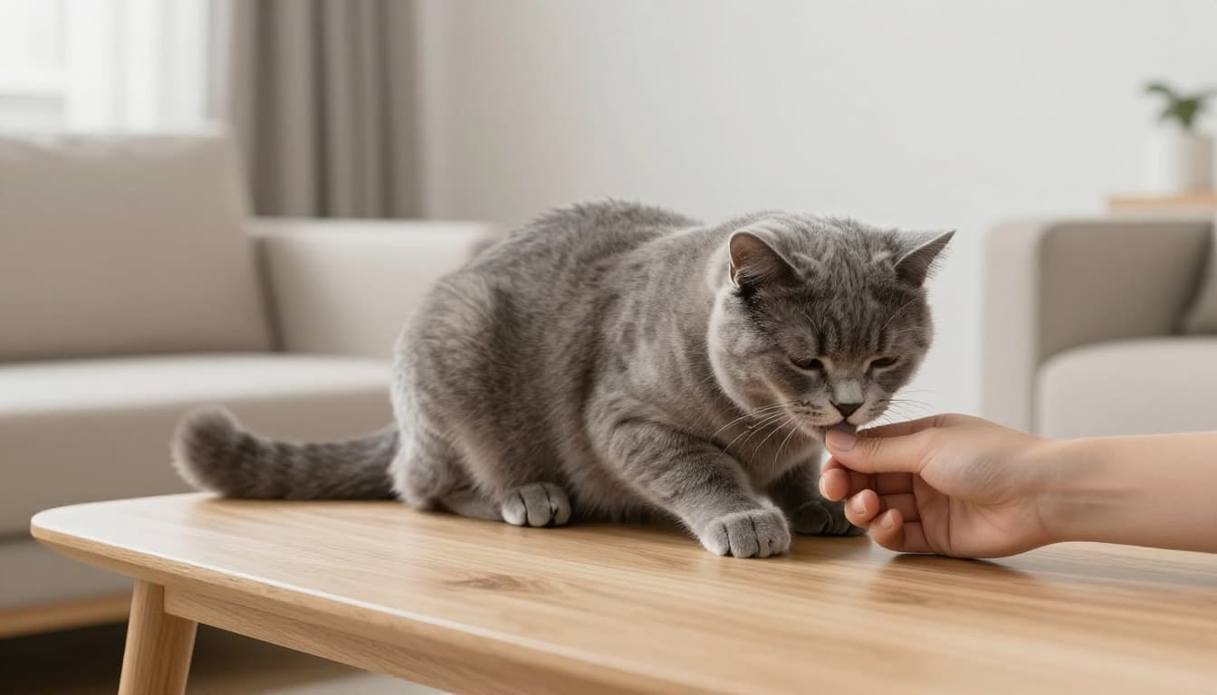 A fluffy grey domestic shorthair cat displays relaxed affection by gently nibbling and licking a human hand on a light wood table in a bright, minimalist Scandinavian living room with neutral tones and cozy atmosphere.