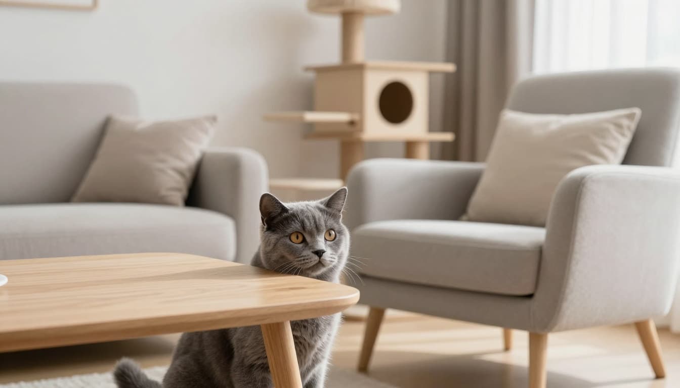A fluffy grey cat peeks cautiously from behind a light wood side table in a bright modern Scandinavian living room, observing an empty armchair with curiosity amid minimalist decor and a Meowood cat tree.