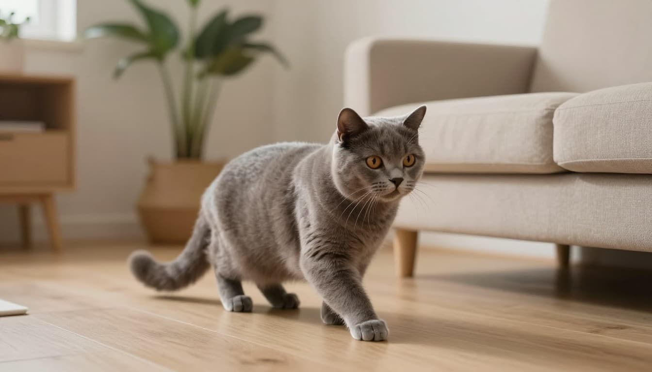 In a cozy modern Scandinavian living room bathed in soft natural light, a fluffy grey cat perks up its ears and turns its head toward a person's voice, approaching slowly from a beige sofa in a relaxed but alert pose.