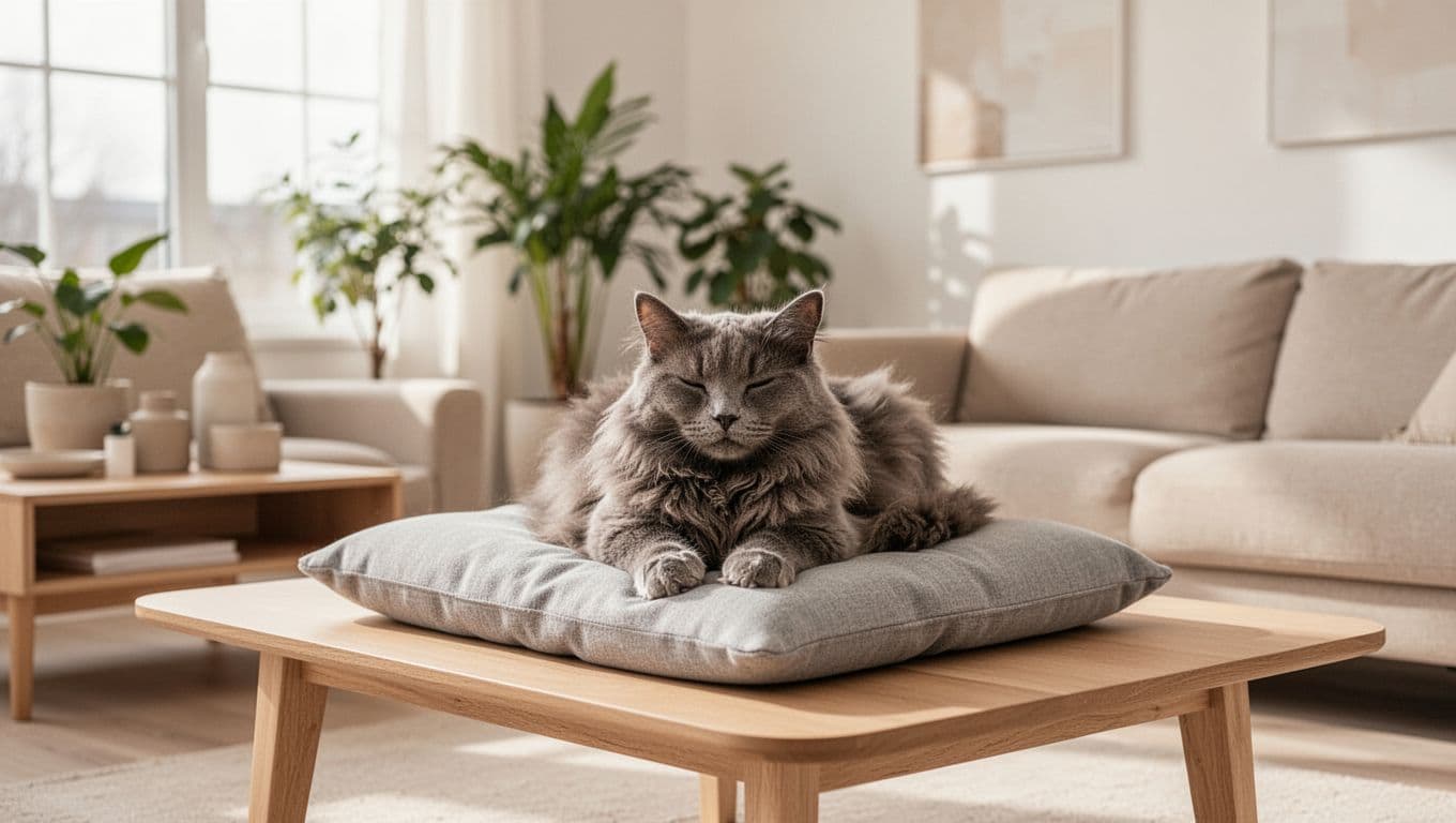 Premium lifestyle photo of a single fluffy grey cat resting calmly on a light grey cushion atop a low light wood table in a bright, minimalist Scandinavian living room with neutral colors, soft natural light, and cozy atmosphere.