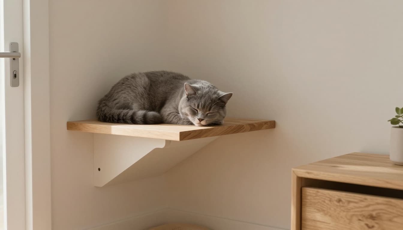 A fluffy grey domestic shorthair cat sleeps curled up peacefully on a high wooden shelf in a minimalist Scandinavian living room with warm natural daylight and cozy neutral tones.