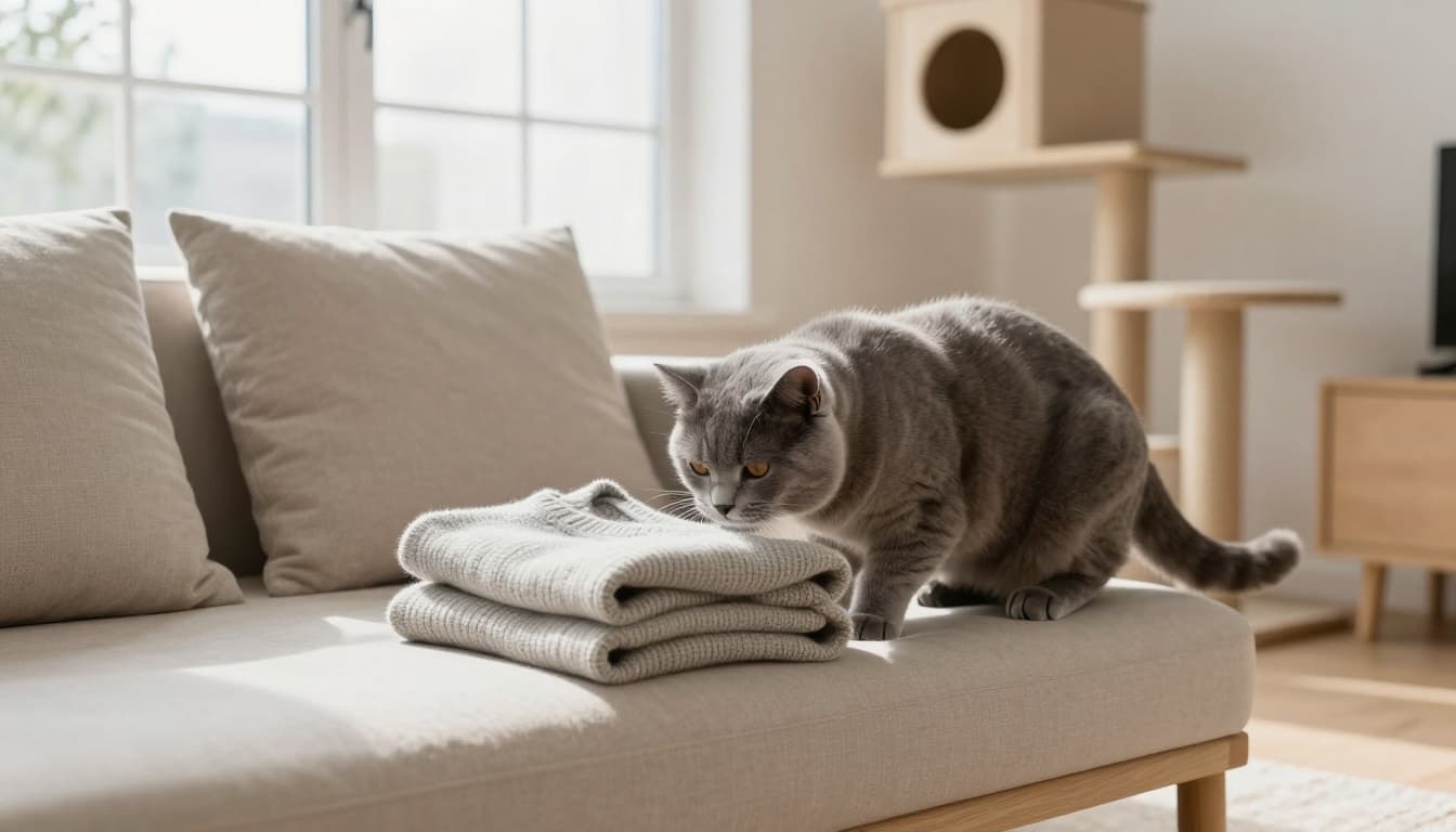 A fluffy grey cat with perked ears curiously sniffs a folded unwashed sweater on a light wood sofa in a bright modern Scandinavian living room. Minimalist decor includes beige cushions, natural light from large windows, and an elegant Meowood cat tree in the background, evoking a warm cozy atmosphere.