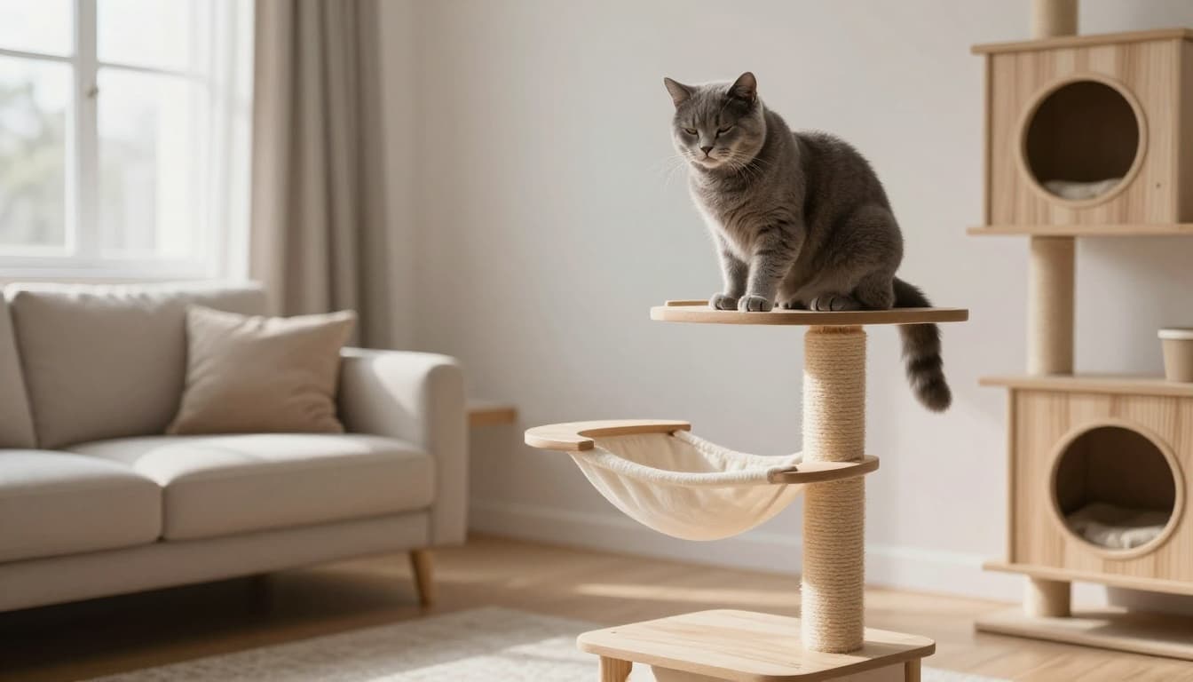 In a bright Scandinavian living room with minimalist light wood furniture and neutral tones, a fluffy grey cat perches calmly on a premium wooden cat tree featuring platforms and hammock, surrounded by scratching posts and cozy spots.