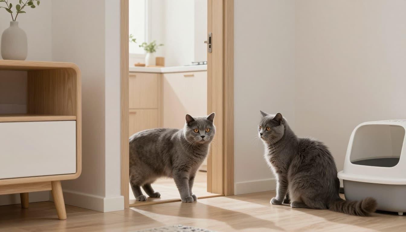 Premium lifestyle photo of a minimalist Scandinavian living room bathed in natural light, where a confident fluffy grey cat blocks the doorway, staring intensely at a hesitant companion near the litter box, evoking tension and insecurity.