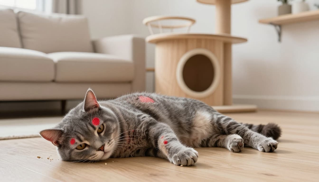 A fluffy grey tabby cat relaxes on a light wooden floor in a modern Scandinavian living room, showing circular bald patches with scaly red edges on its head and forelegs, dandruff flakes, and crusty skin near an elegant cat tree.
