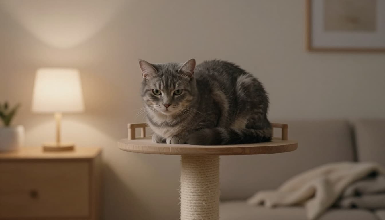 A fluffy grey tabby cat curled up tightly with paws tucked under on a high wooden perch of a premium minimalist cat tree in a cozy Scandinavian living room during a cool night, lit by soft warm lamp light.