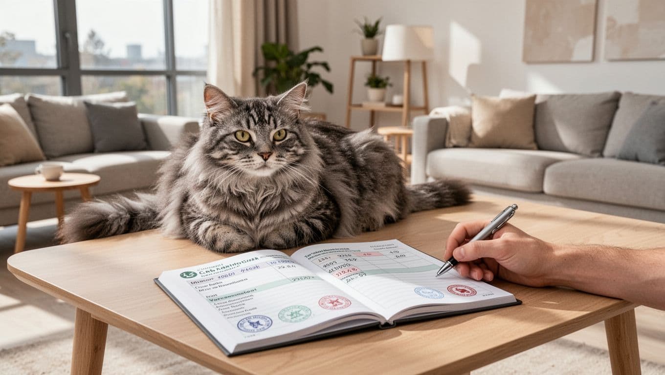 A fluffy grey tabby cat rests calmly on a light wooden table next to an open cat health record booklet showing vaccination dates and stamps in a bright modern Scandinavian living room with natural light and minimalist decor. A single relaxed owner's hand holding a pen is nearby, evoking a warm, cozy atmosphere in high-end lifestyle photography style.