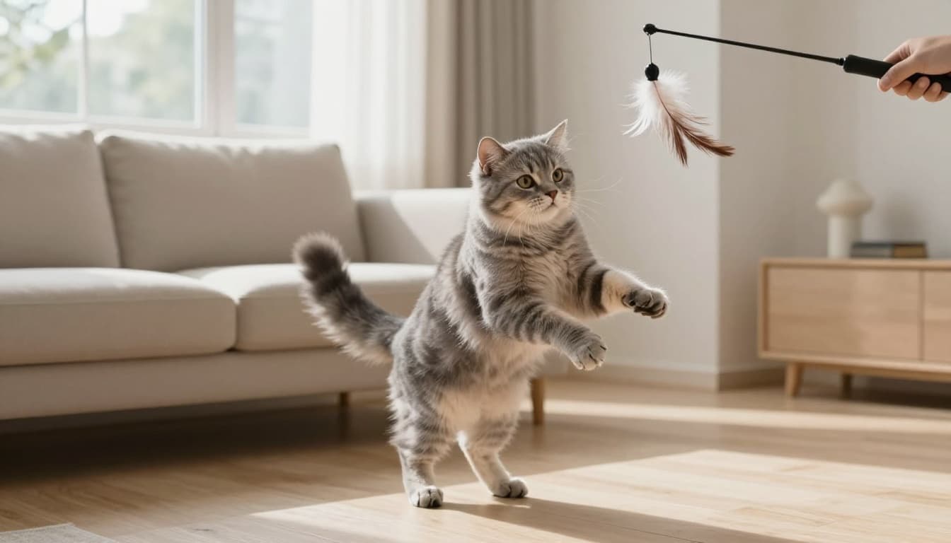 A fluffy grey tabby cat pounces energetically on a feather toy attached to a fishing rod wand held by an invisible hand, set in a bright modern Scandinavian living room with natural sunlight.
