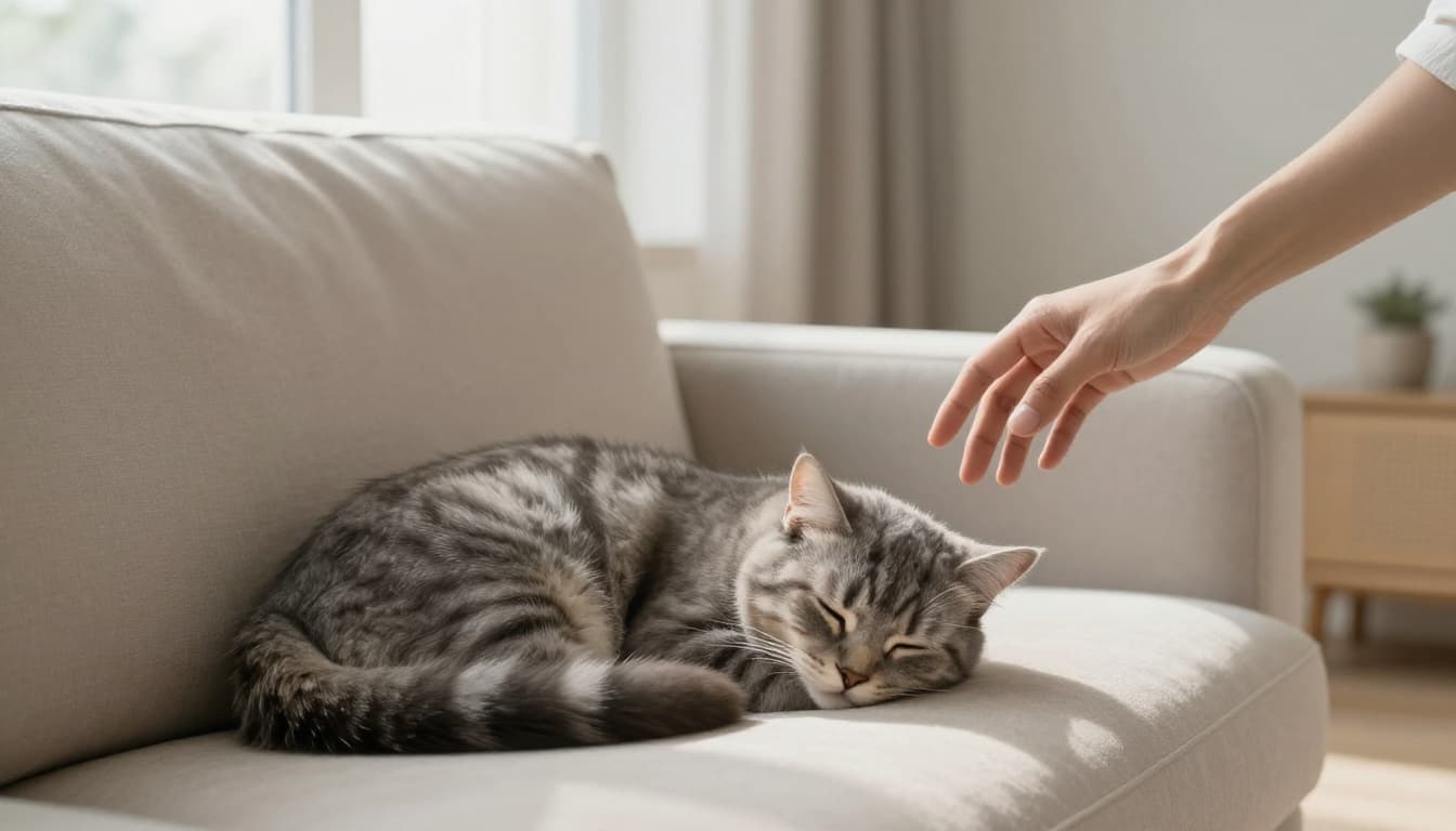 A fluffy grey tabby cat sleeps curled up on a soft beige sofa in a bright minimalist Scandinavian living room, with a human hand hovering gently nearby without disturbing it. Warm sunlight illuminates the cozy neutral-toned space in premium realistic photography style.